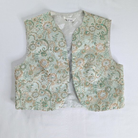 VTG Green Gold Embroidered Brocade Floral Vest Metallic 50s 60s Crop Length - Picture 3 of 6